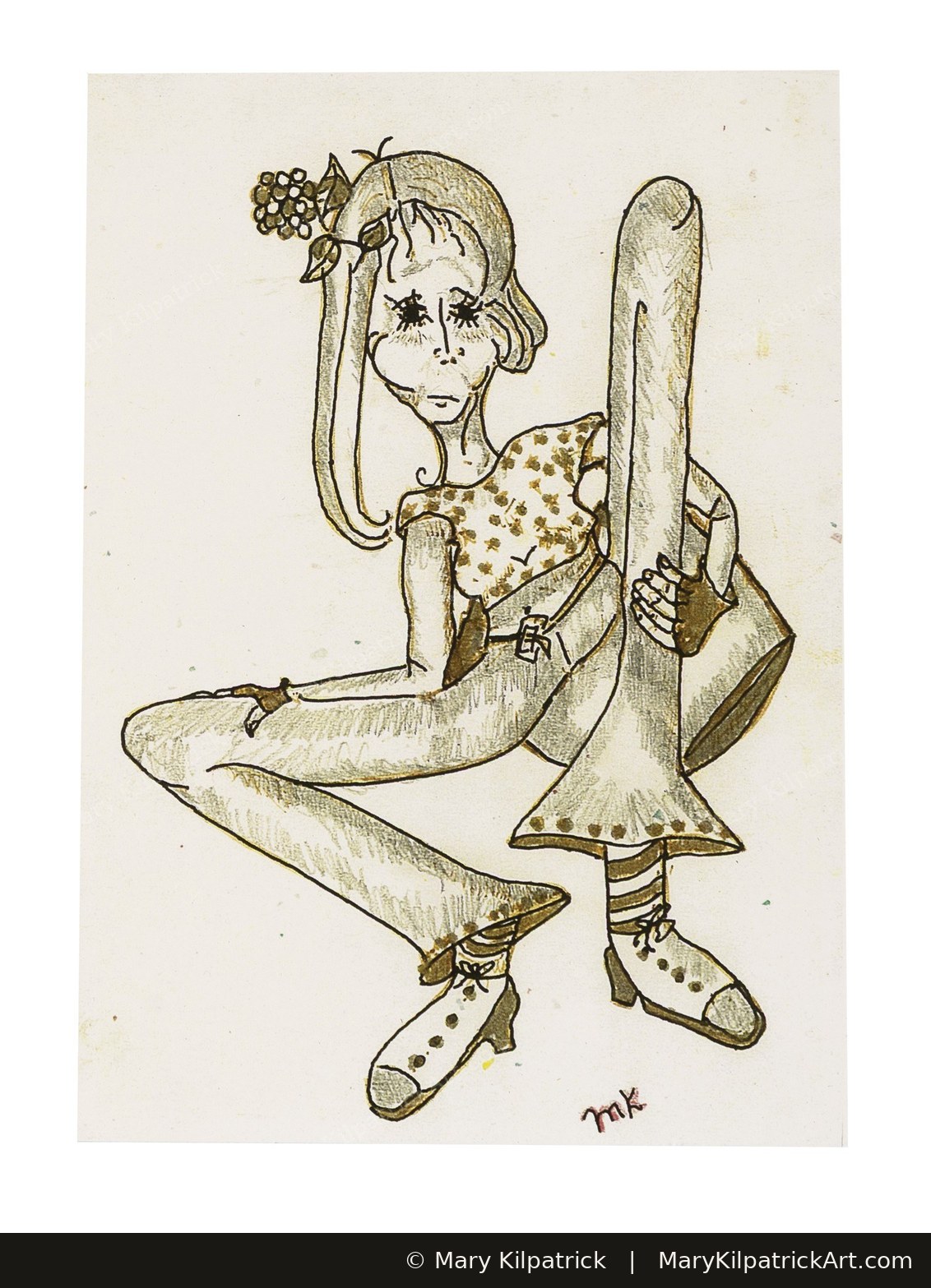 Original figurative painting 'Hippie Girl' by Mary Kilpatrick — Pen and Ink, 5″ × 6″