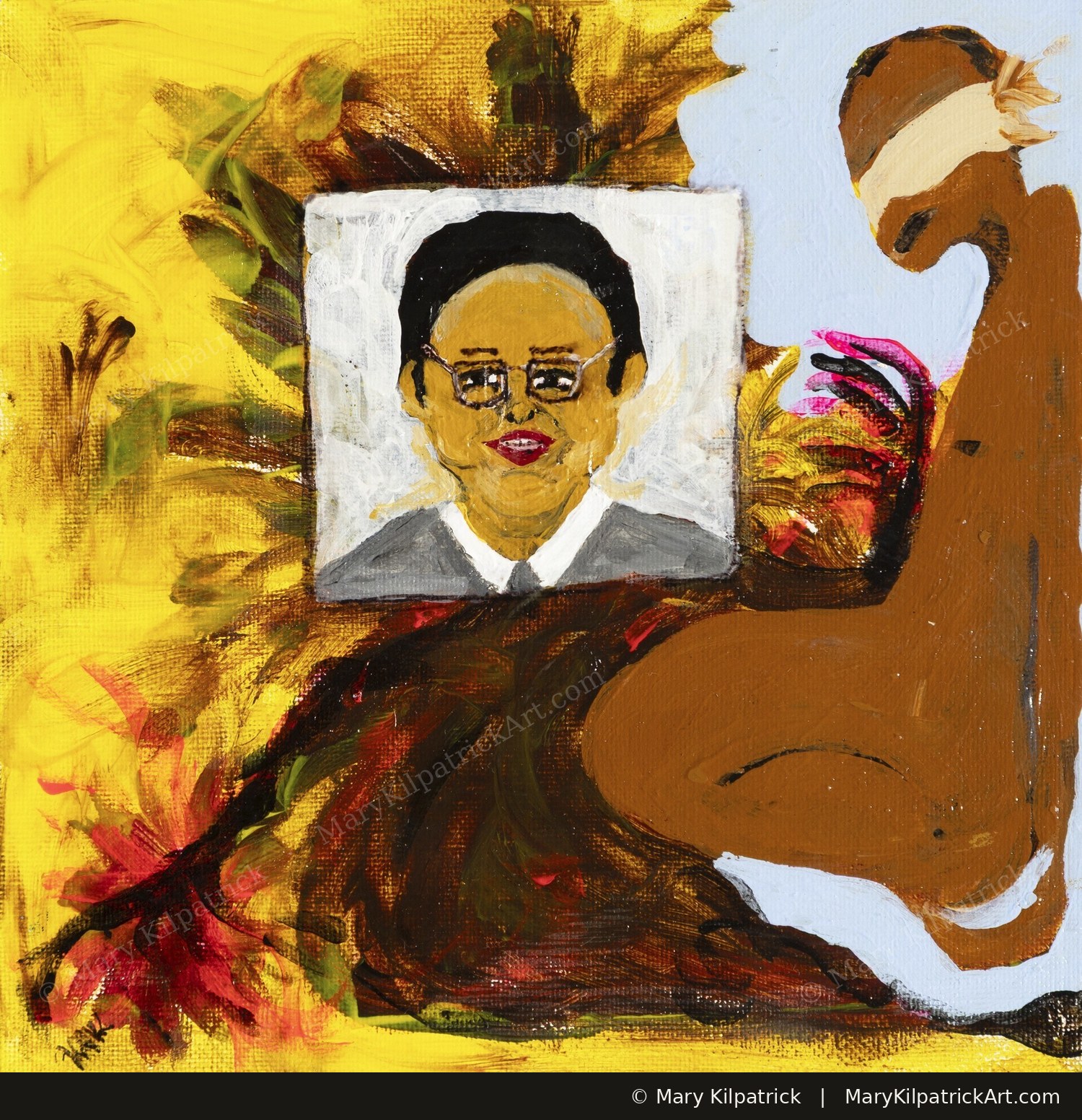 Original figurative painting 'Kidnapped II' by Mary Kilpatrick — Acrylic, Mixed Media, 8″ × 8″